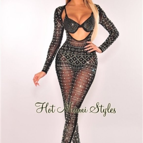 Hot Miami Styles Pants - Black Jumpsuit with Rhinestones